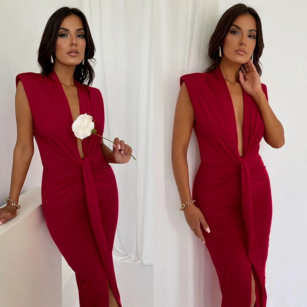 💎Burgundy Red Deep V-Neck Pleated Womens Bandage Dress💎